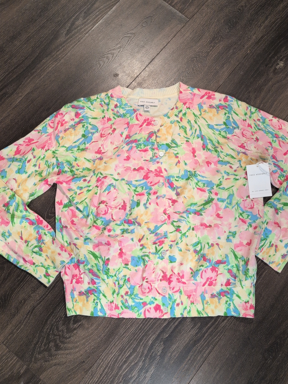 Free Assembly Women's XL Pink Multicolor Floral Crew Neck Button Knit Cardigan